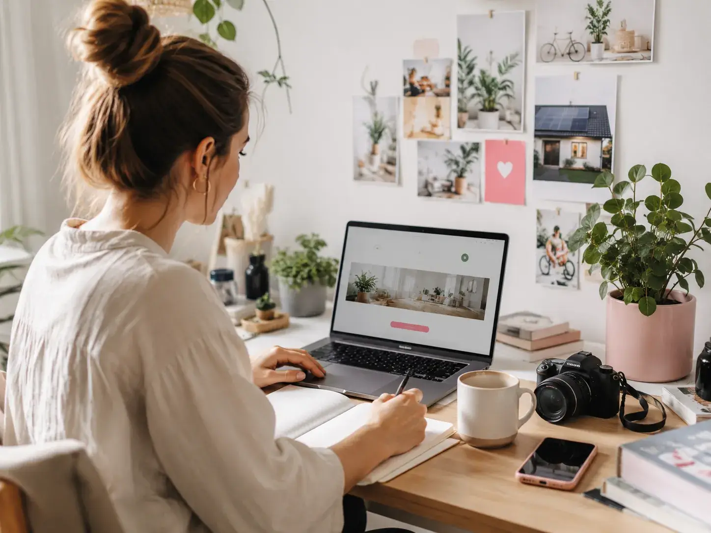 Vrouw registreert zich als bijdrager via een laptop in een lichte thuiswerkplek met planten, camera en inspiratiebeelden over duurzaam wonen.