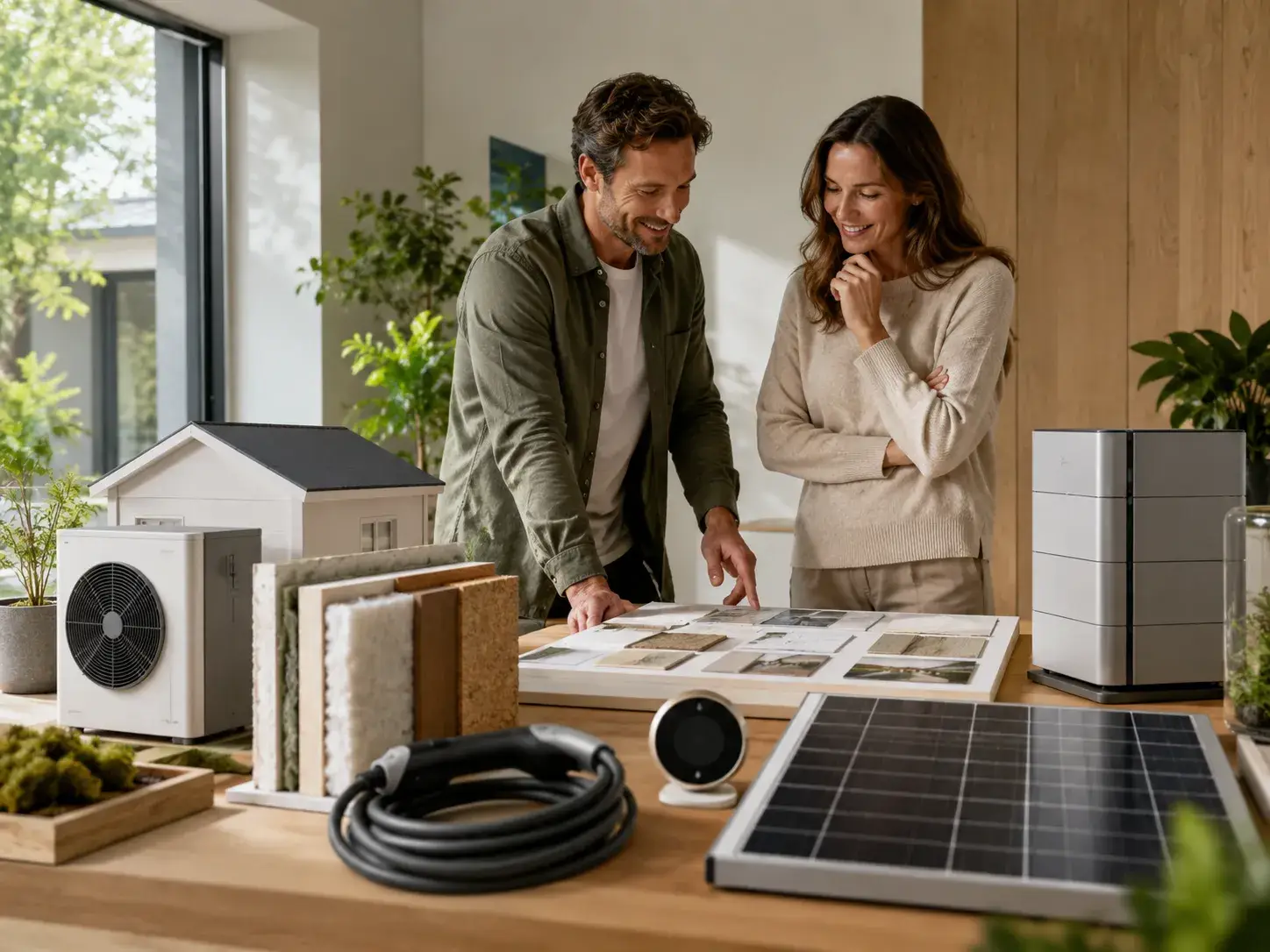 Man en vrouw bekijken samen duurzame oplossingen aan een tafel met zonnepaneel, isolatiematerialen, warmtepomp en woningmodel.