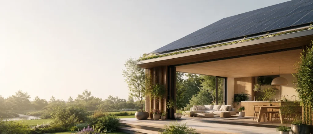 Moderne duurzame woning met zonnepanelen, natuurlijke materialen en een groene tuin