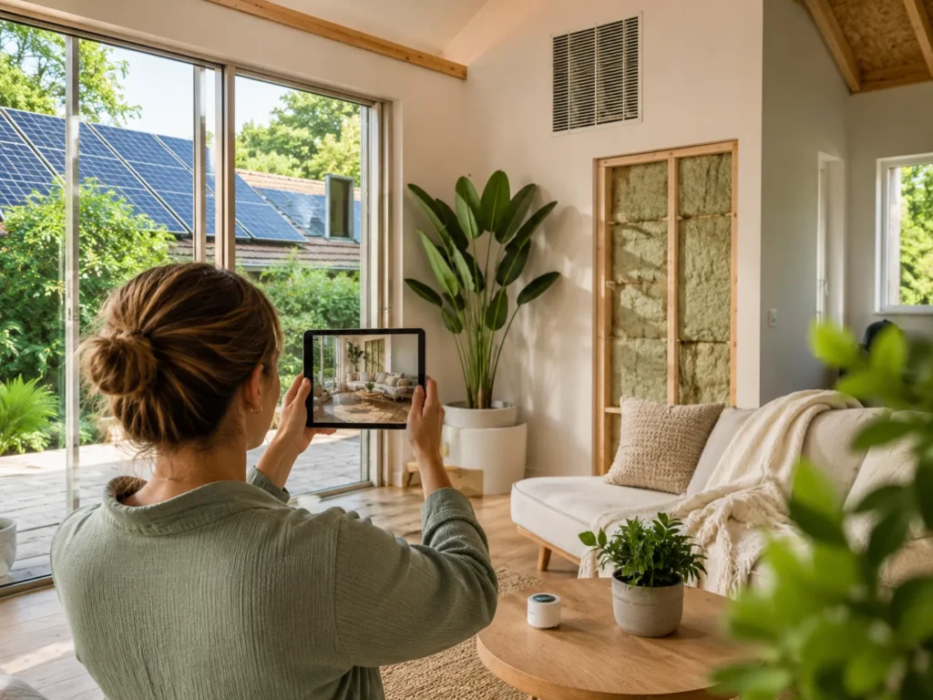 Vrouw fotografeert een duurzame woonkamer met isolatie, ventilatie, planten en zonnepanelen om haar kennis en ervaring te delen.