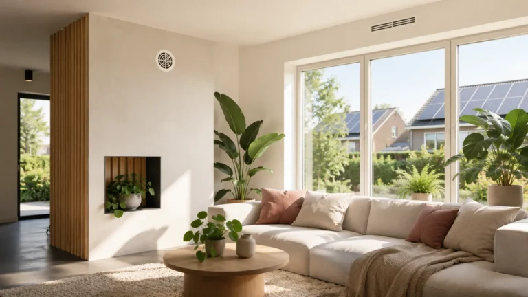 Moderne energiezuinige woonkamer met veel daglicht, natuurlijke materialen, planten en ventilatie voor een gezond binnenklimaat.