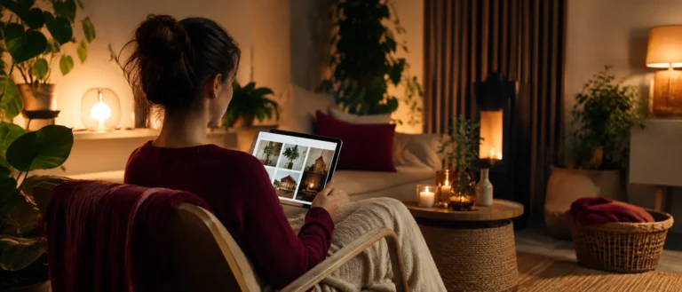 Vrouw bekijkt wooninspiratie op een tablet in een warme woonkamer met planten, natuurlijke materialen en energiezuinige verlichting.