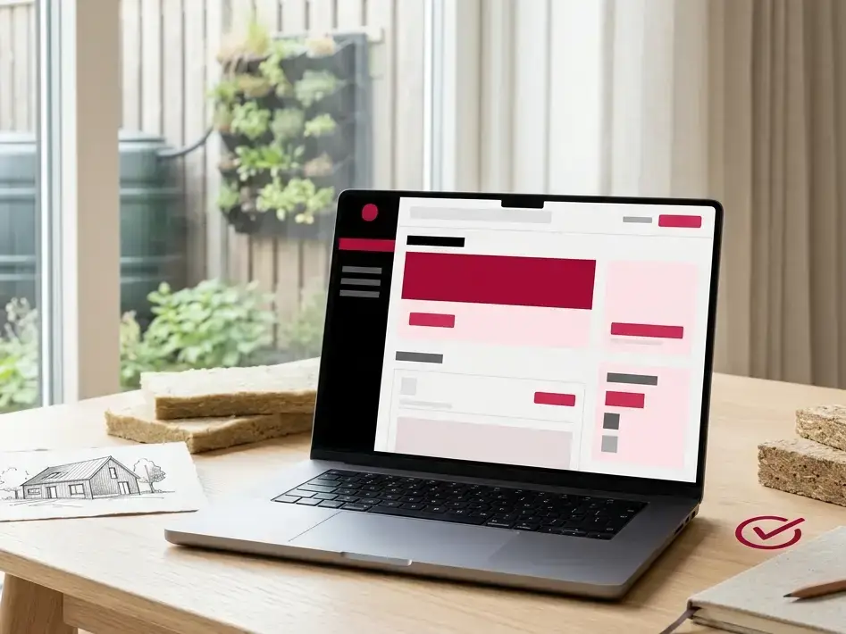 Laptop met artikelplatform, woningontwerp en duurzame materialen in een energiezuinige woonomgeving