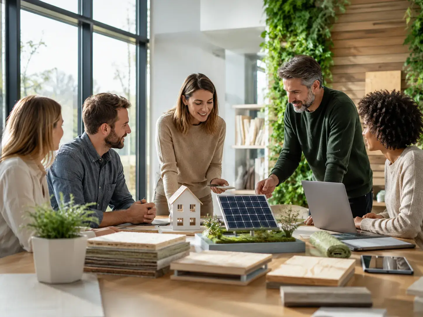 Team van partners bespreekt duurzame woonoplossingen rond een tafel met zonnepaneel, woningmodel en materiaalstalen.