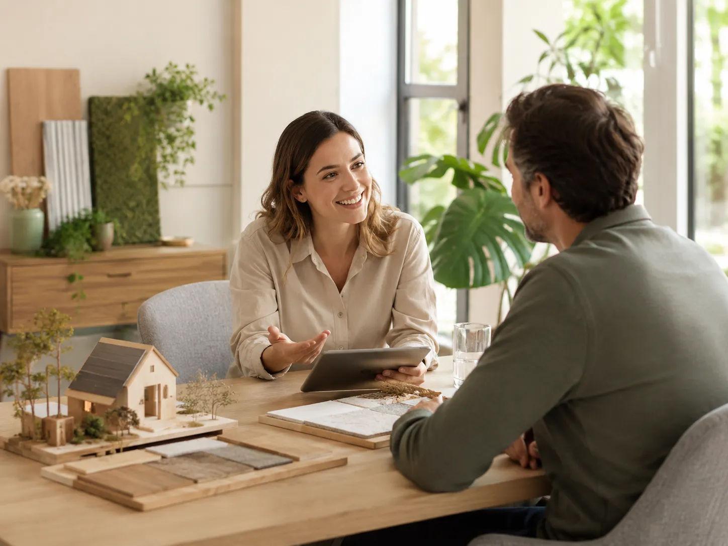 Adviseur bespreekt duurzame woonoplossingen met een bezoeker aan een tafel met tablet, woningmodel en natuurlijke materiaalstalen.
