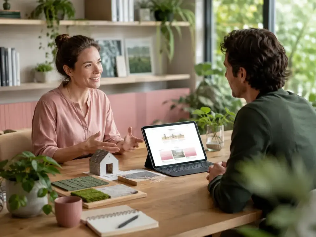 Nieuwe bijdrager bespreekt de registratiemogelijkheden met een adviseur aan een tafel met tablet, woningmodel en duurzame materiaalstalen.