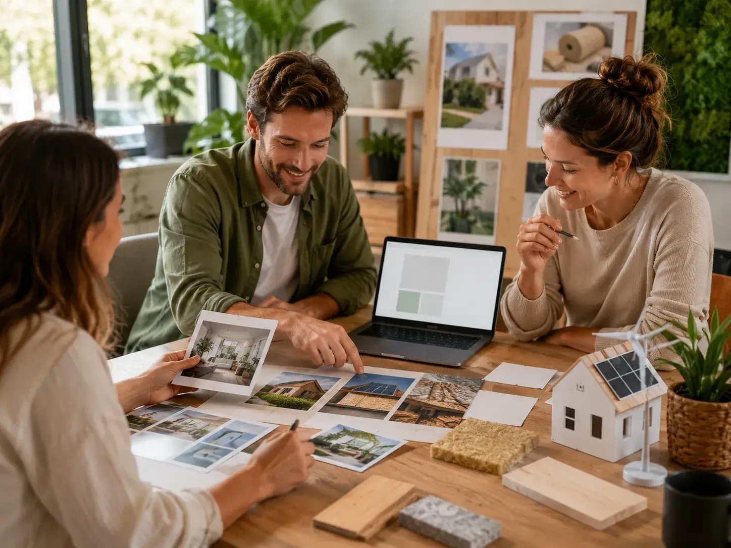 Redactieteam bespreekt nieuwe onderwerpen met woningfoto’s, materiaalstalen, een laptop en een duurzaam woningmodel.