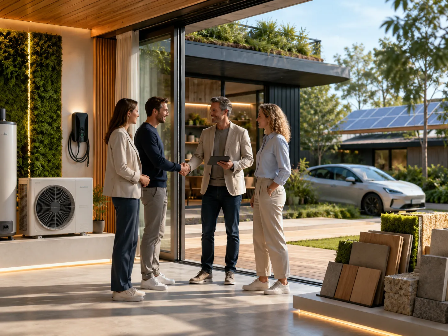 Vier professionals ontmoeten elkaar in een moderne duurzame showroom met warmtepomp, laadpunt, zonnepanelen en materiaalmonsters.