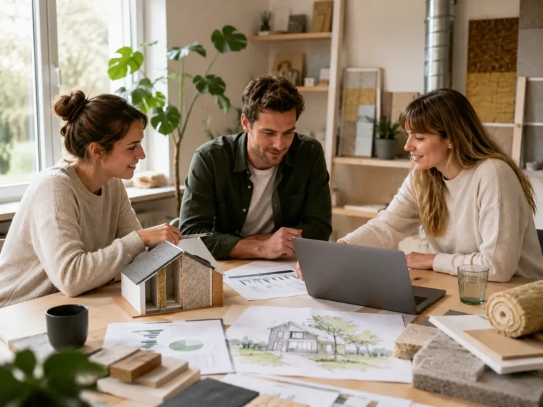Team bespreekt duurzame woonoplossingen met een woningmodel, bouwtekeningen en isolatiematerialen in een lichte werkruimte.