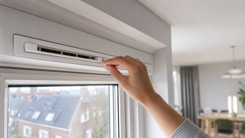 Bewoner stelt een ventilatierooster af om tocht te beperken en frisse lucht te behouden. ventilatieroosters open of dicht