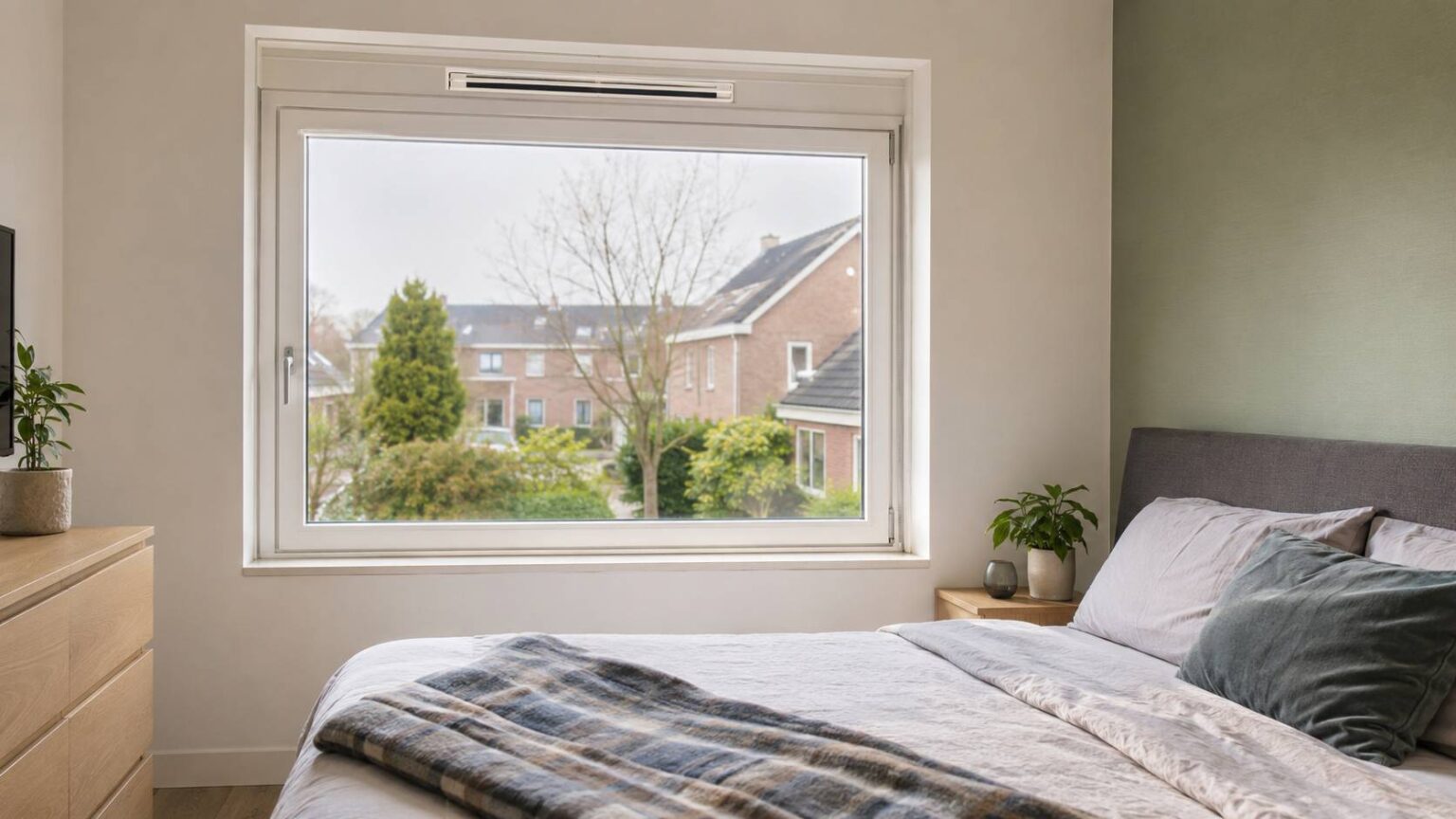 Ventilatierooster boven een raam in een moderne Nederlandse woning voor continue frisse lucht. Ventilatieroosters open of dicht