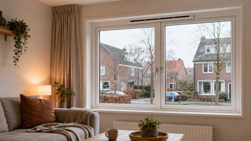 Ventilatierooster op winterstand in een comfortabele woonruimte met gesloten raam. roosters ventilatie woning